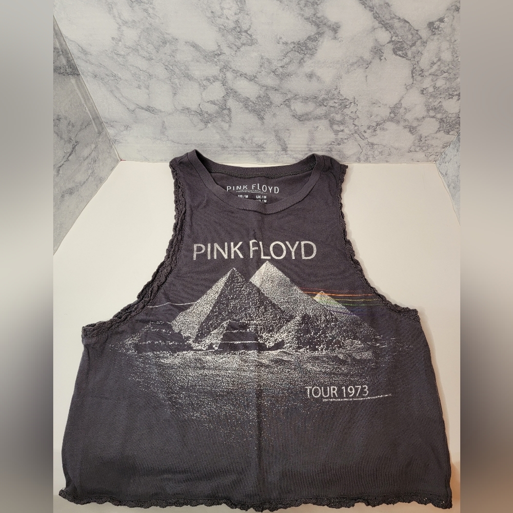 Pink Floyd Grey Tank Crop with Crochet Stitching Hem Size Medium